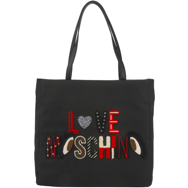 Love Moschino Black Canvas Logo Embroidered Shopping Tote