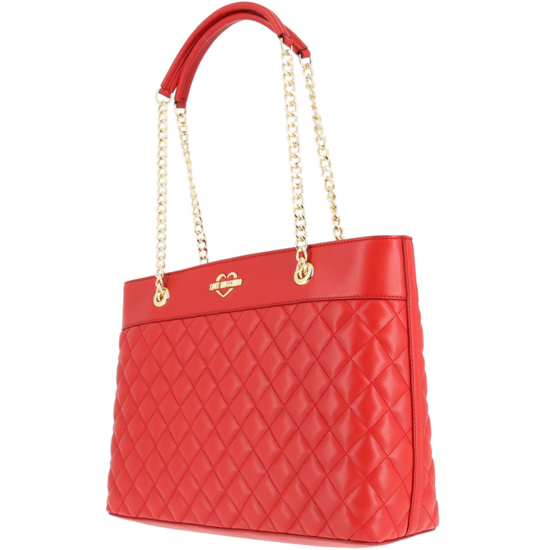 

Love Moschino Red Faux Quilted Leather Chain Shopper Tote