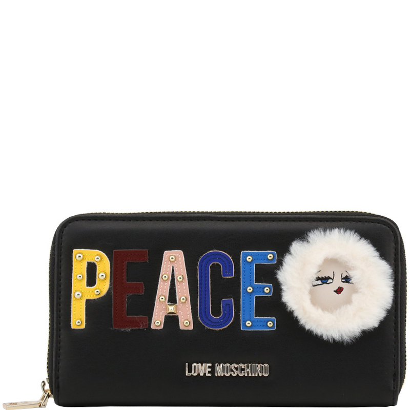Pre Owned Love Moschino Black Leather PEACE Zip Around Wallet