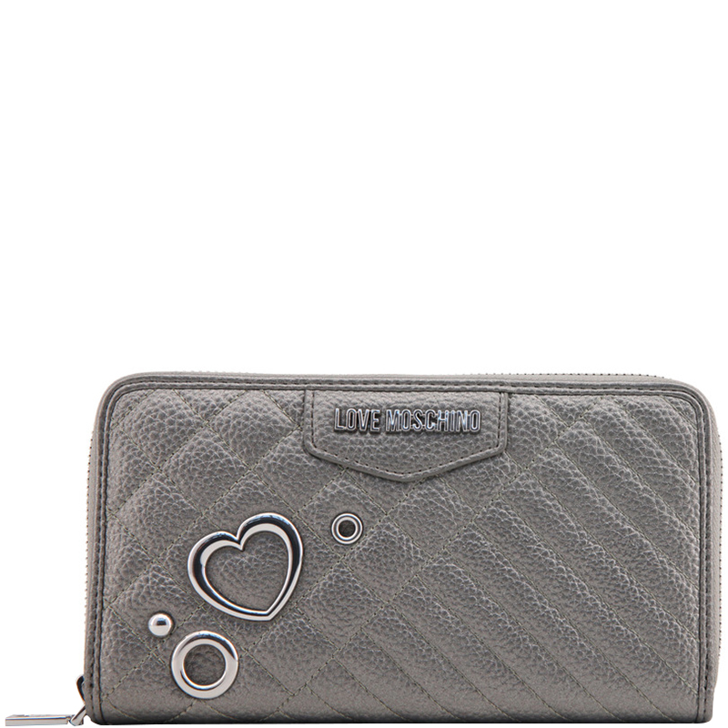 Pre Owned Love Moschino Grey Faux Quilted Leather Zip Around Wallet