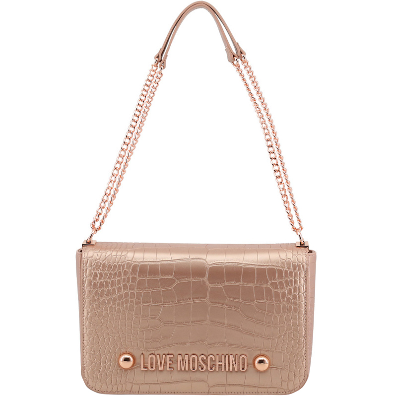 Love Moschino Pink Croc Embossed Leather Chain Flap Bag