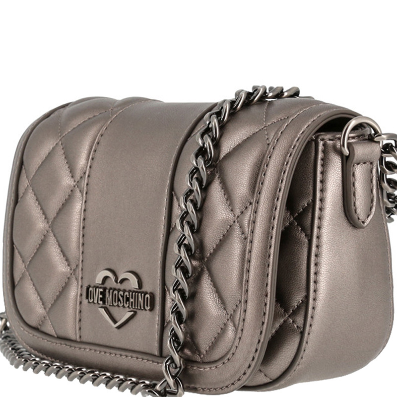 

Love Moschino Grey Faux Quilted Leather Chain Flap Bag