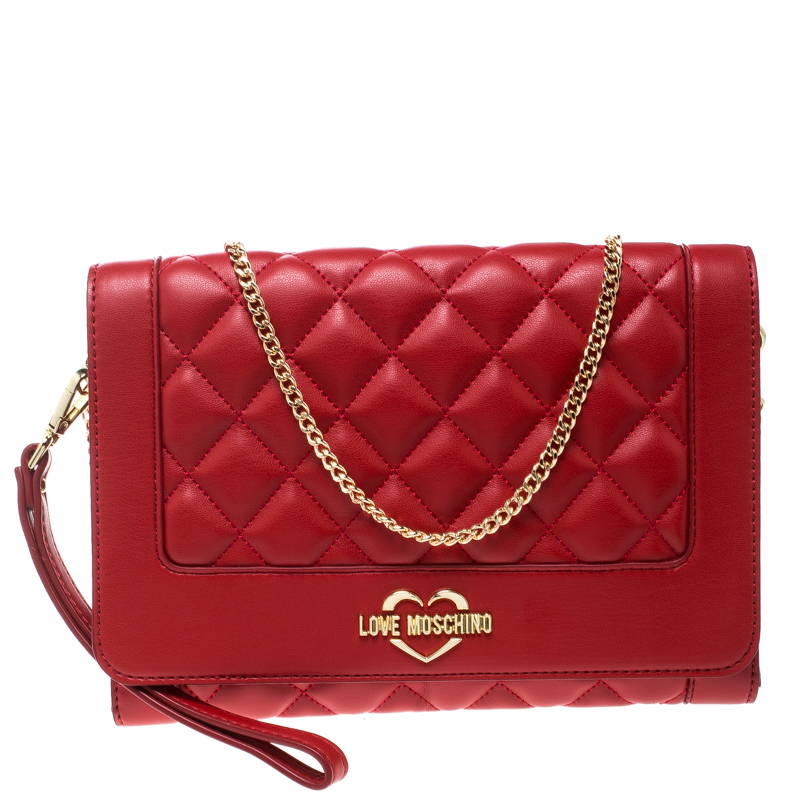 Love Moschino Red Quilted Leather Wristlet Chain Clutch Bag Moschino | TLC