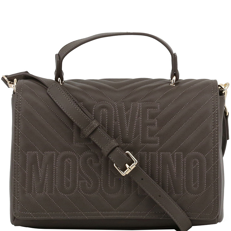 Love Moschino Grey Quilted Faux Leather Logo Top Handle Bag