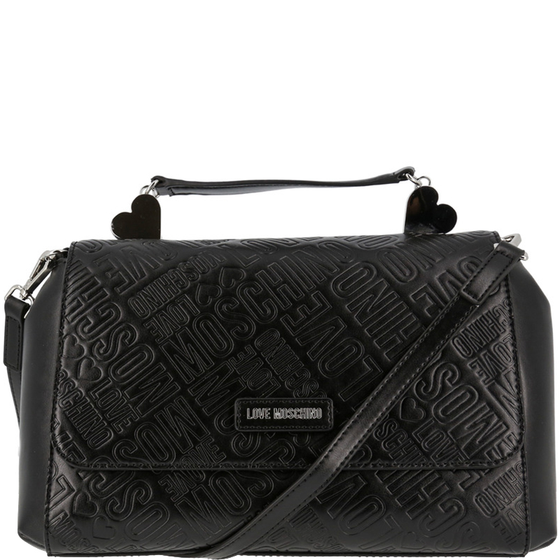 Love Moschino Black Embossed Logo Leather Top Handle Satchel Bag
