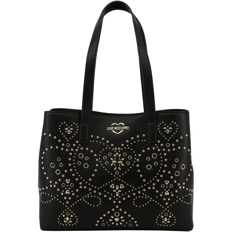 Pre Owned Love Moschino Black Faux Leather Studded Shopper Tote