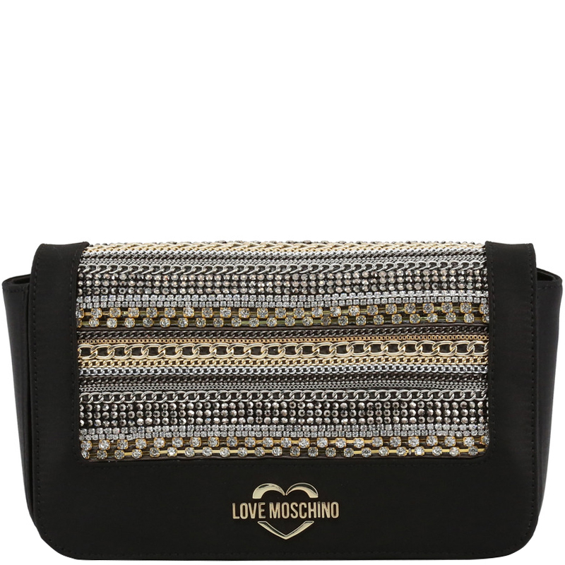 Pre Owned Love Moschino Black Faux Leather Embellished WOC Clutch Bag
