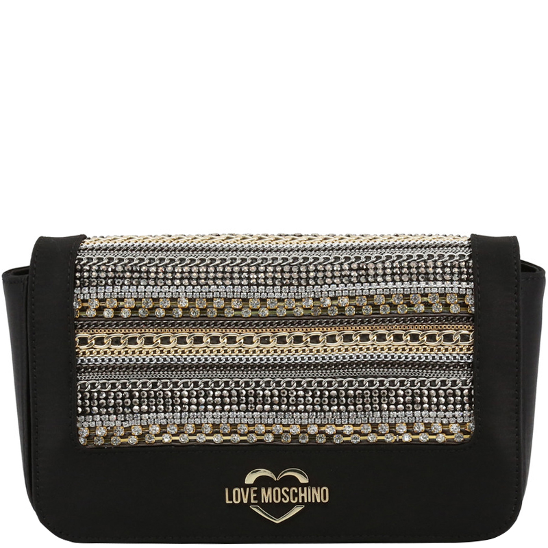 Love Moschino Black Faux Leather Embellished WOC Clutch Bag