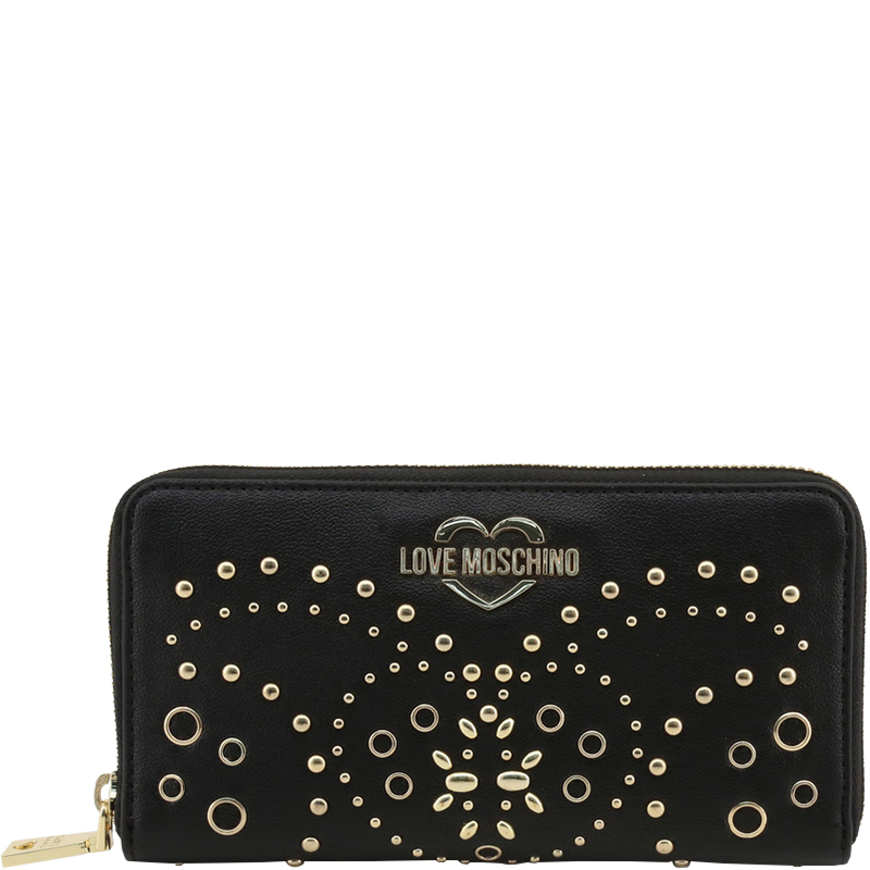 Love Moschino Black Faux Leather Studded Zip Around Wallet