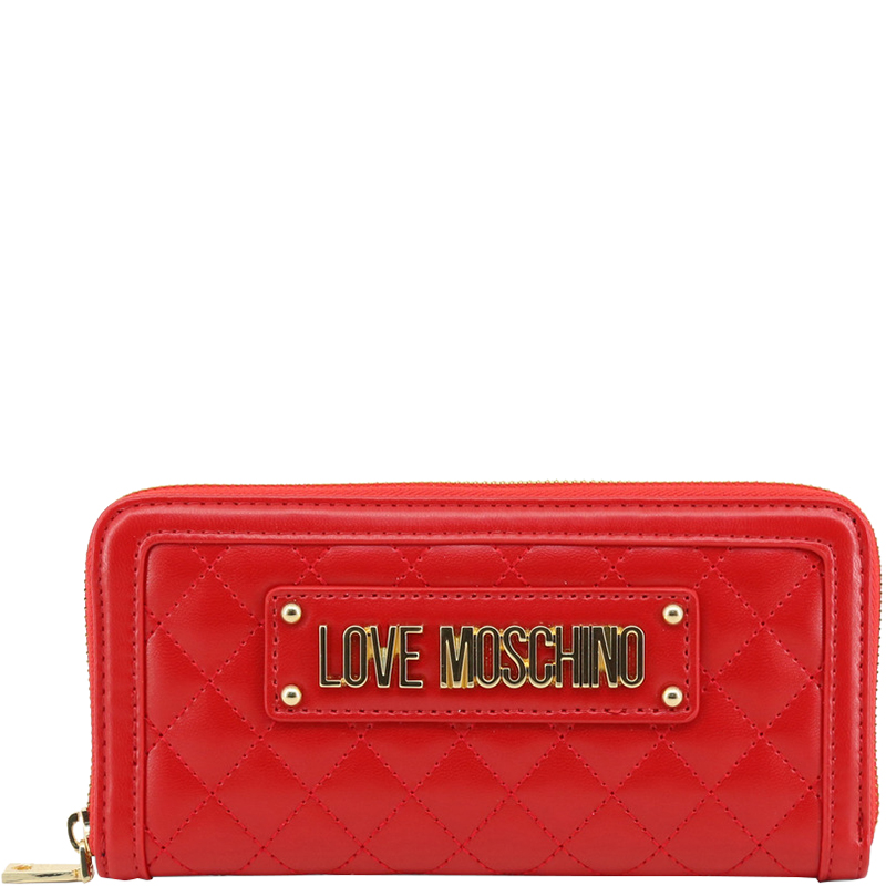 Pre Owned Love Moschino Red Quilted Faux Leather Zip Around Wallet