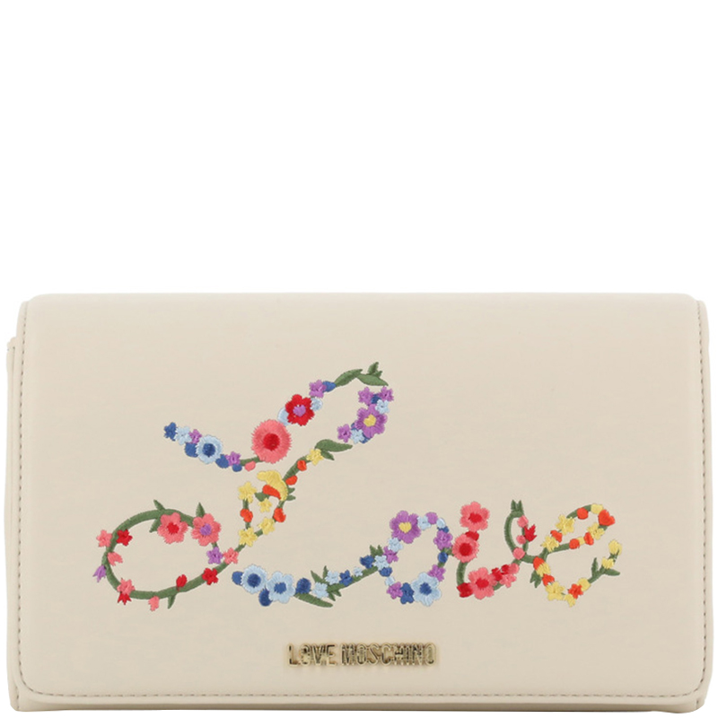 Pre Owned Love Moschino White Faux Leather Embroidered WOC Crossbody Bag