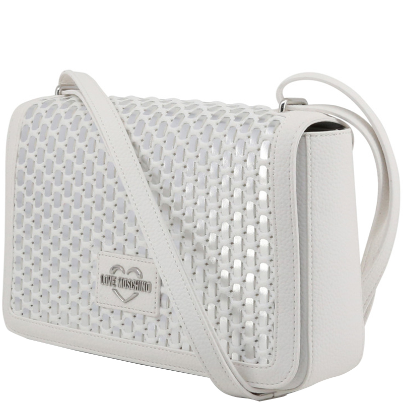 

Love Moschino White and Silver Faux Leather Applique Shoulder Bag