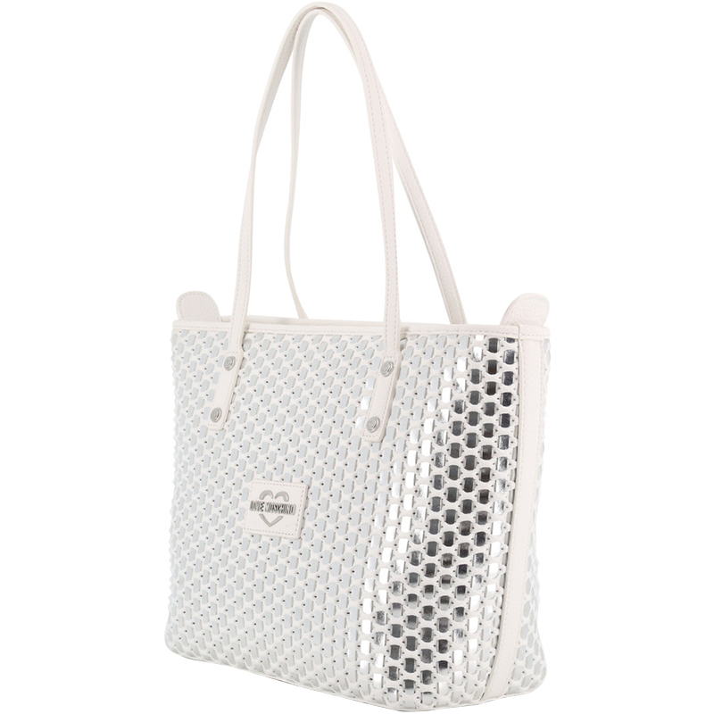 

Love Moschino White and Silver Faux Leather Applique Tote