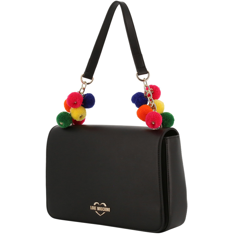 

Love Moschino Black Faux Leather Colourful Pom Pom Chain Shoulder Bag