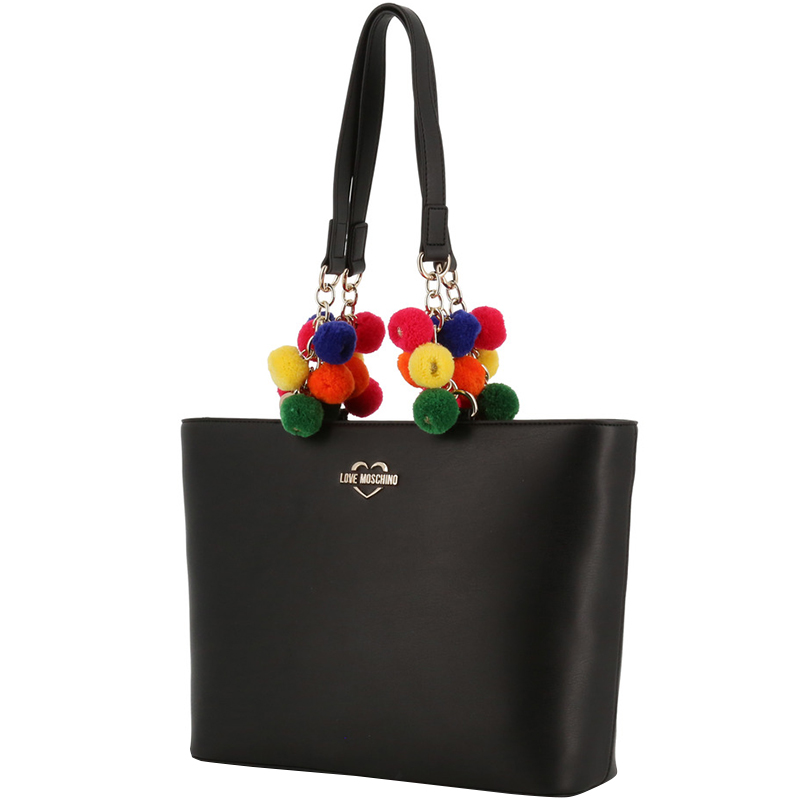 

Love Moschino Black Faux Leather Colourful Pom Pom Tote