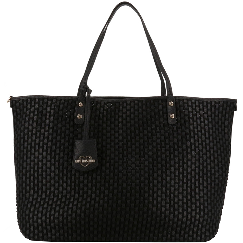 Pre Owned Love Moschino Black Faux Leather Applique Shopping Tote