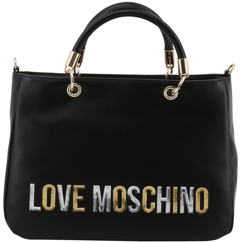 Pre Owned Love Moschino Black Faux Leather Applique Top Handle Bag