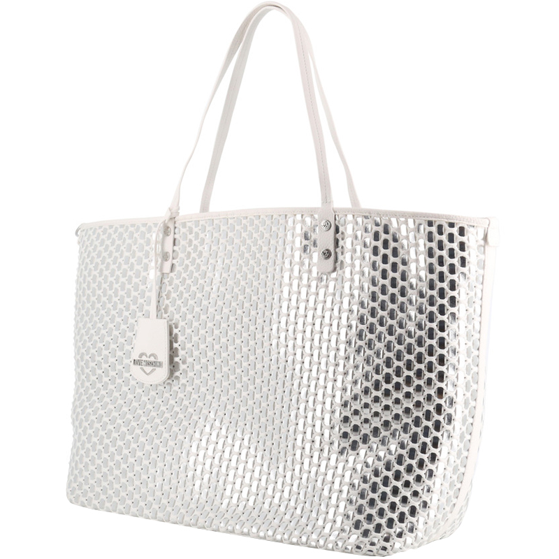 

Love Moschino White and Silver Faux Leather Applique Shopping Tote