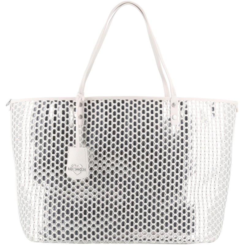 Pre Owned Love Moschino White and Silver Faux Leather Applique Shopping Tote