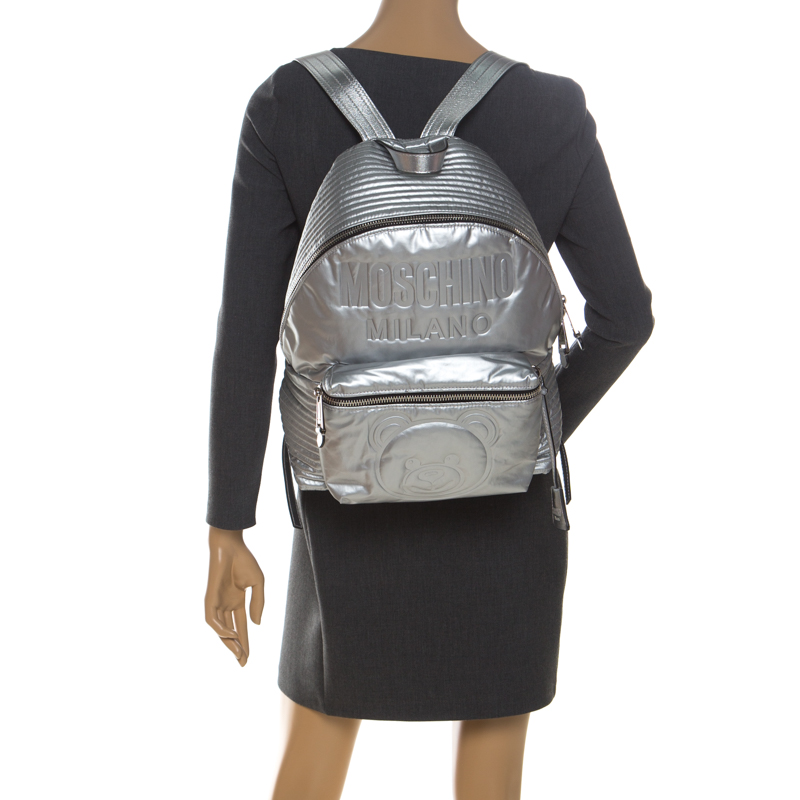 

Moschino Silver Teddy Embossed Large Leather Backpack