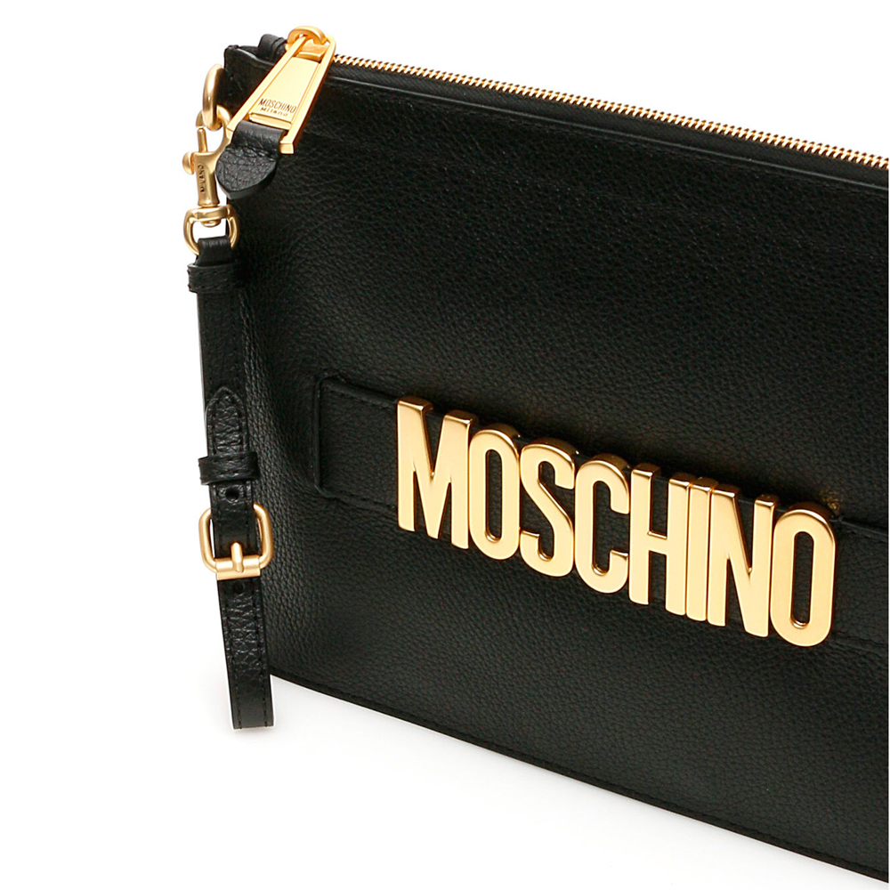

Moschino Black Leather Logo Clutch Bag
