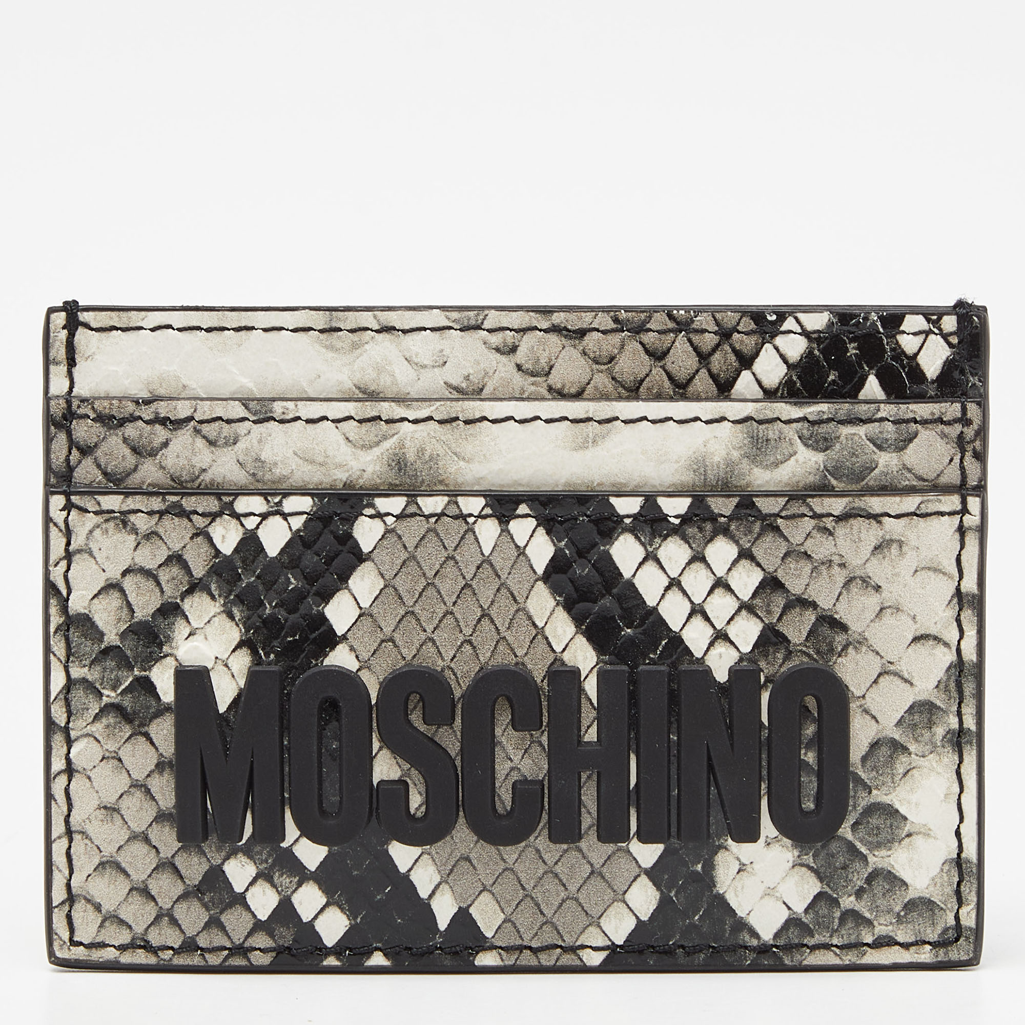 Pre-owned Moschino Grey/white Snakeskin Embossed Leather Card Holder In Black
