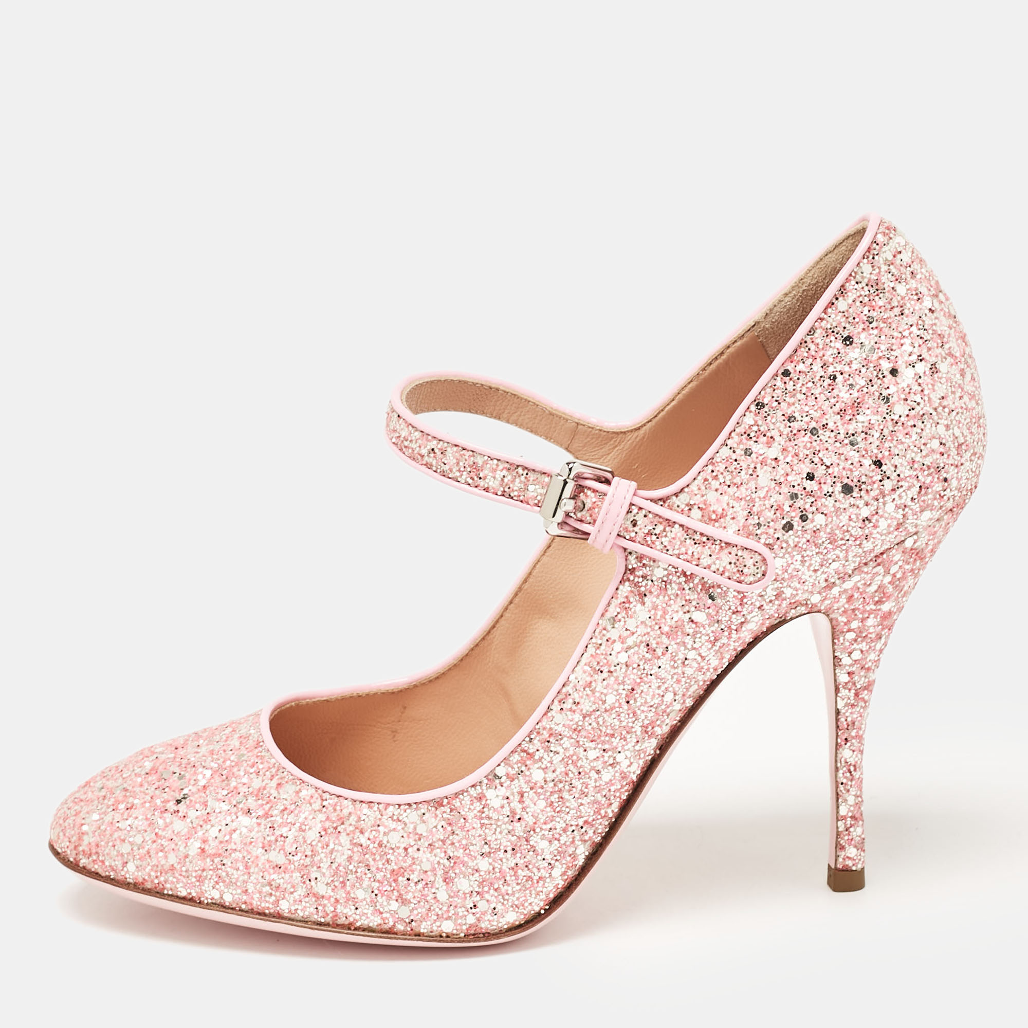 

Moschino Pink Glitter and Patent Leather Mary Jane Pumps Size