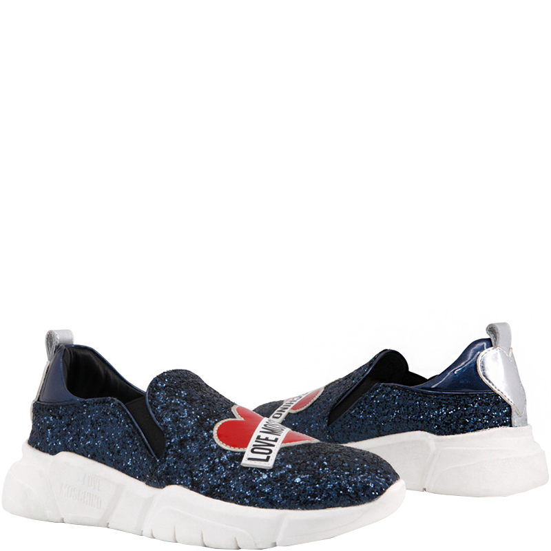 

Love Moschino Blue Glitter and Faux Leather Slip On Sneakers Size