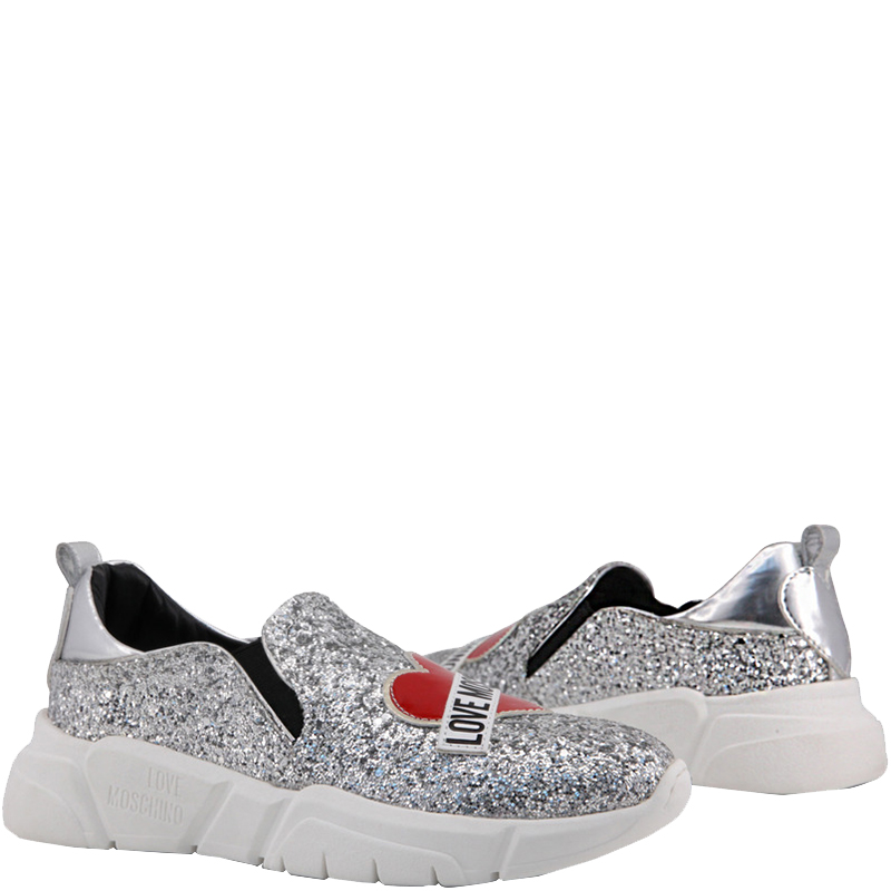 

Love Moschino Metallic Glitter and Faux Leather Slip On Sneakers Size, Silver