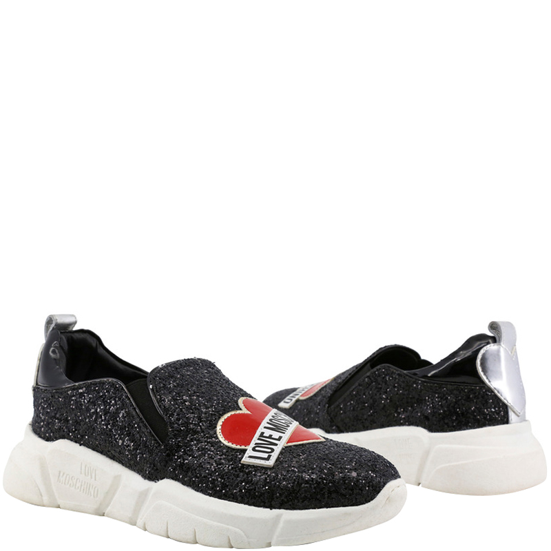 

Love Moschino Black/White Glitter and Faux Leather Platform Sneakers Size, Multicolor