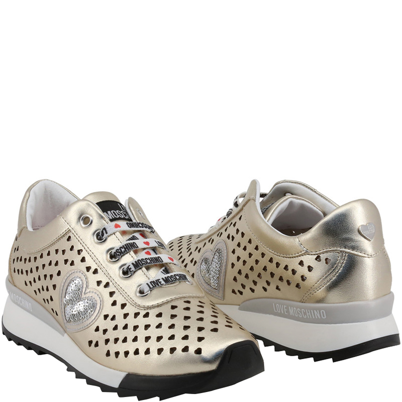 

Love Moschino Metallic Beige Faux Heart Perforated Leather Platform Lace Up Sneakers Size