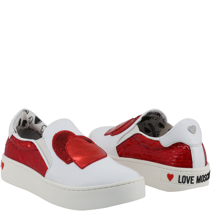 

Love Moschino White/Red Faux Leather and Sequins Slip On Sneakers Size