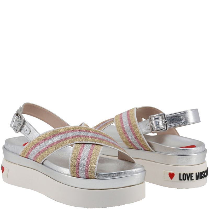 

Love Moschino Silver Fabric and Faux Leather Wedge Sandals Size
