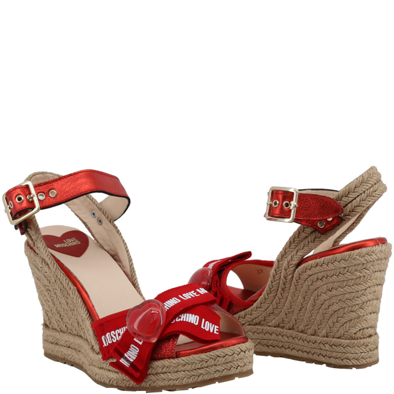 

Love Moschino Red Fabric Ankle Strap Espadrille Wedge Sandals Size