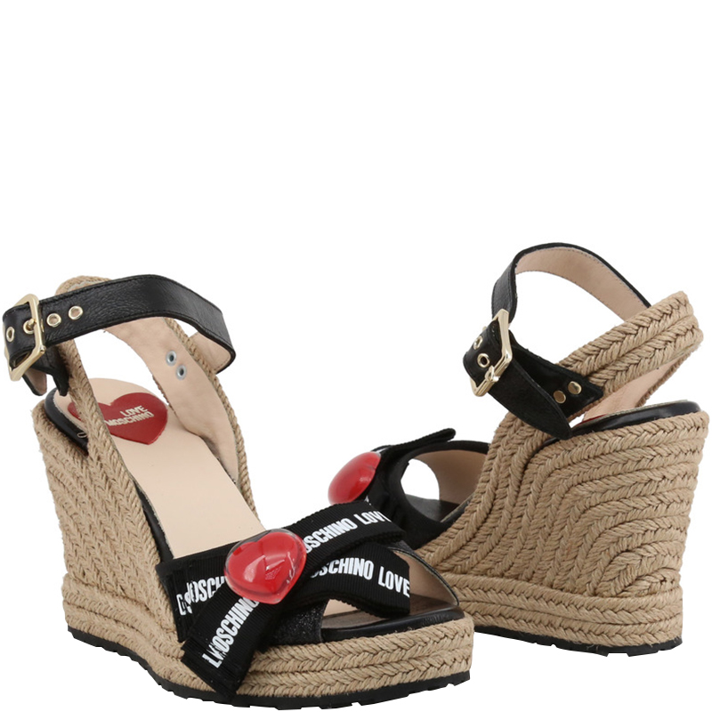 

Love Moschino Black Fabric Ankle Strap Espadrille Wedge Sandals Size