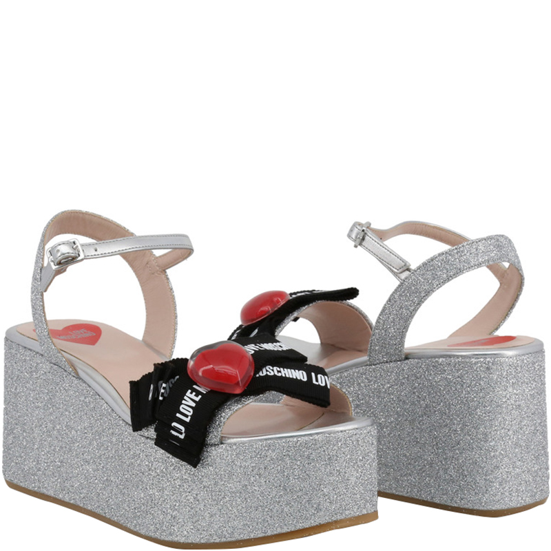 

Love Moschino Grey Glitter Fabric Ankle Strap Platform Wedge Sandals Size