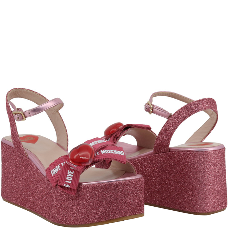 

Love Moschino Pink Glitter Fabric Ankle Strap Platform Wedge Sandals Size