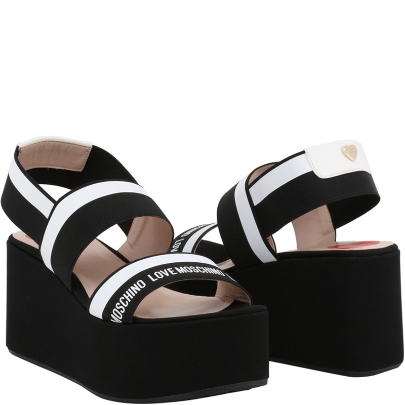 

Love Moschino Black Fabric Ankle Strap Platform Wedge Sandals Size