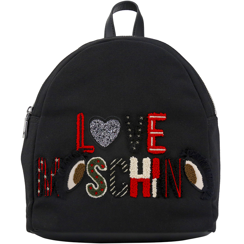 Pre Owned Love Moschino Black Canvas Logo Embroidered Backpack