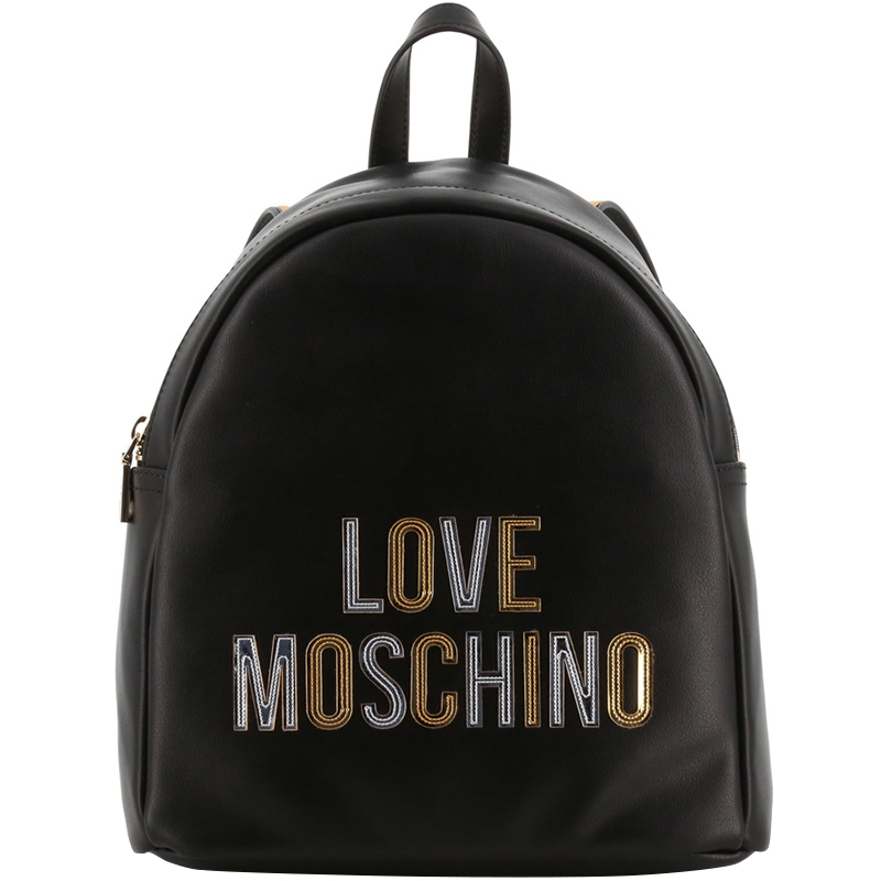 Pre Owned Love Moschino Black Faux Leather Gold and Silver applique Backpack