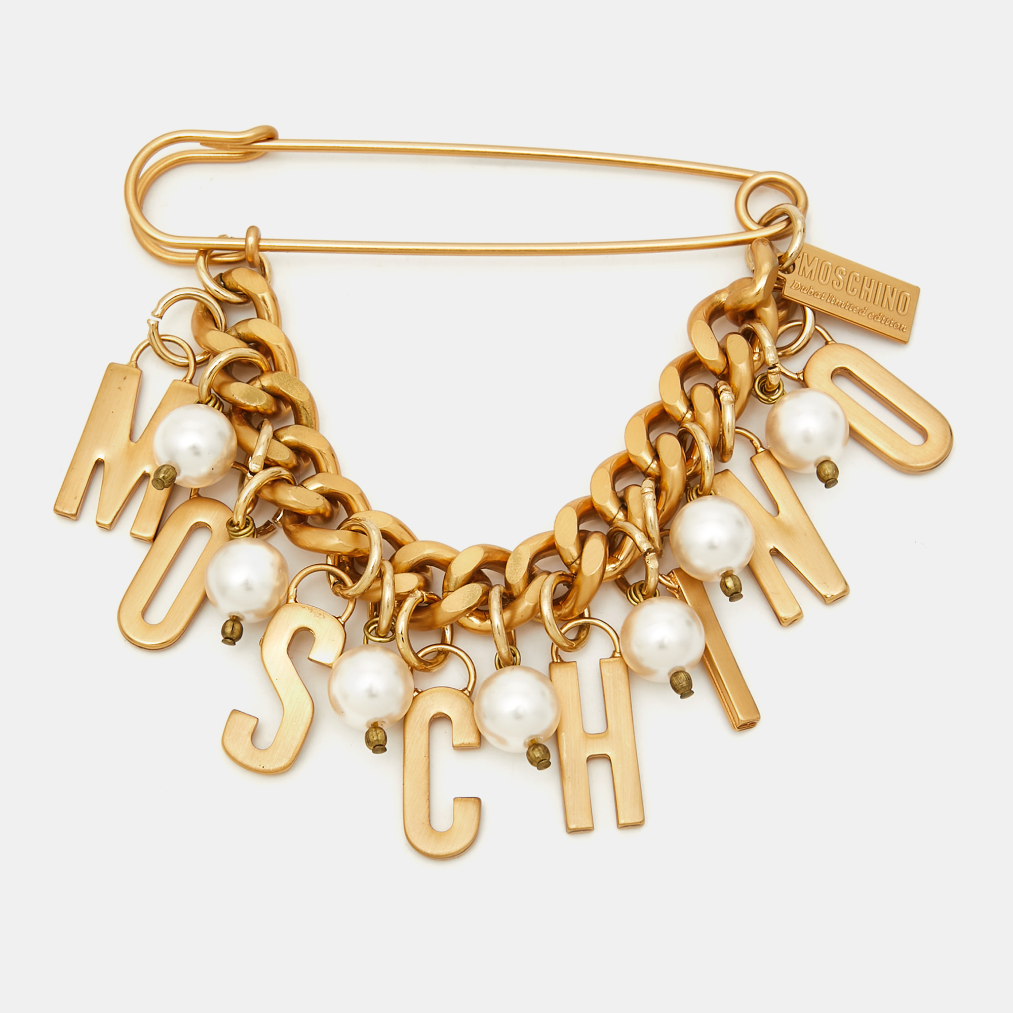 

Moschino Logo Faux Pearl Gold Tone Brooch