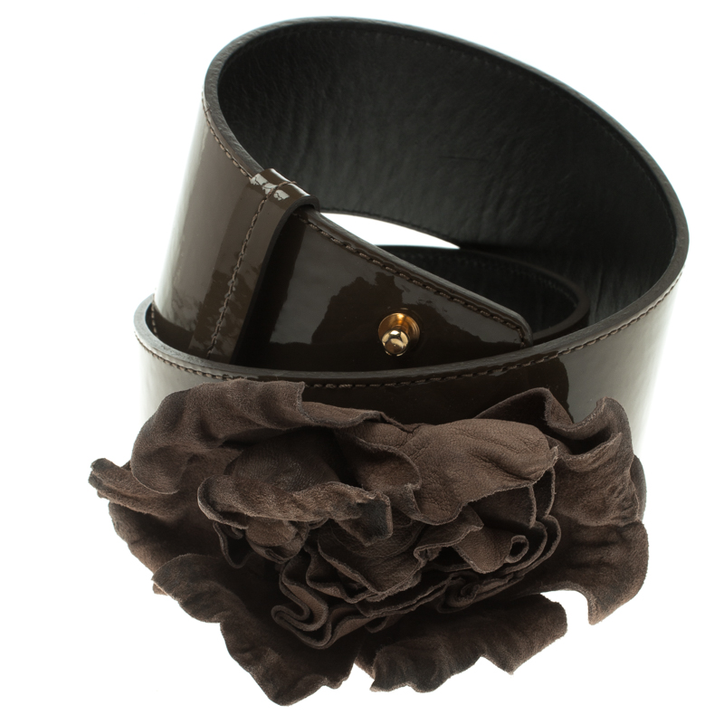 

Moschino Olive Green Patent Leather Flower Waist Belt