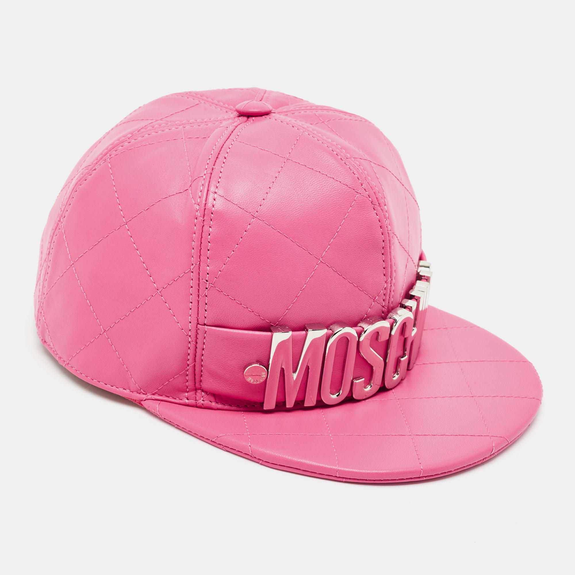 Pre-owned Moschino Pink Quilted Leather Lettering Cap S
