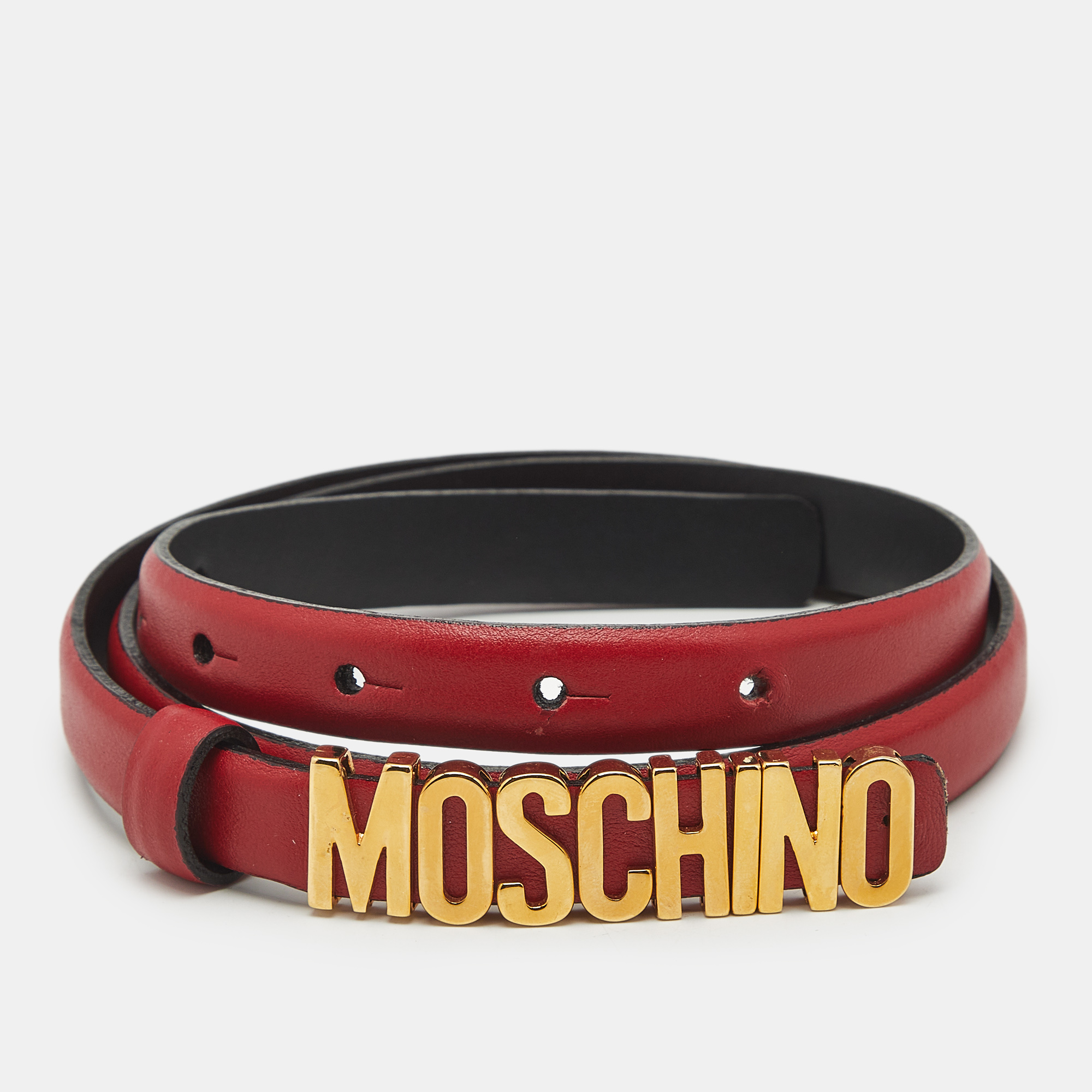 

Moschino Red Leather Classic Logo Slim Waist Belt