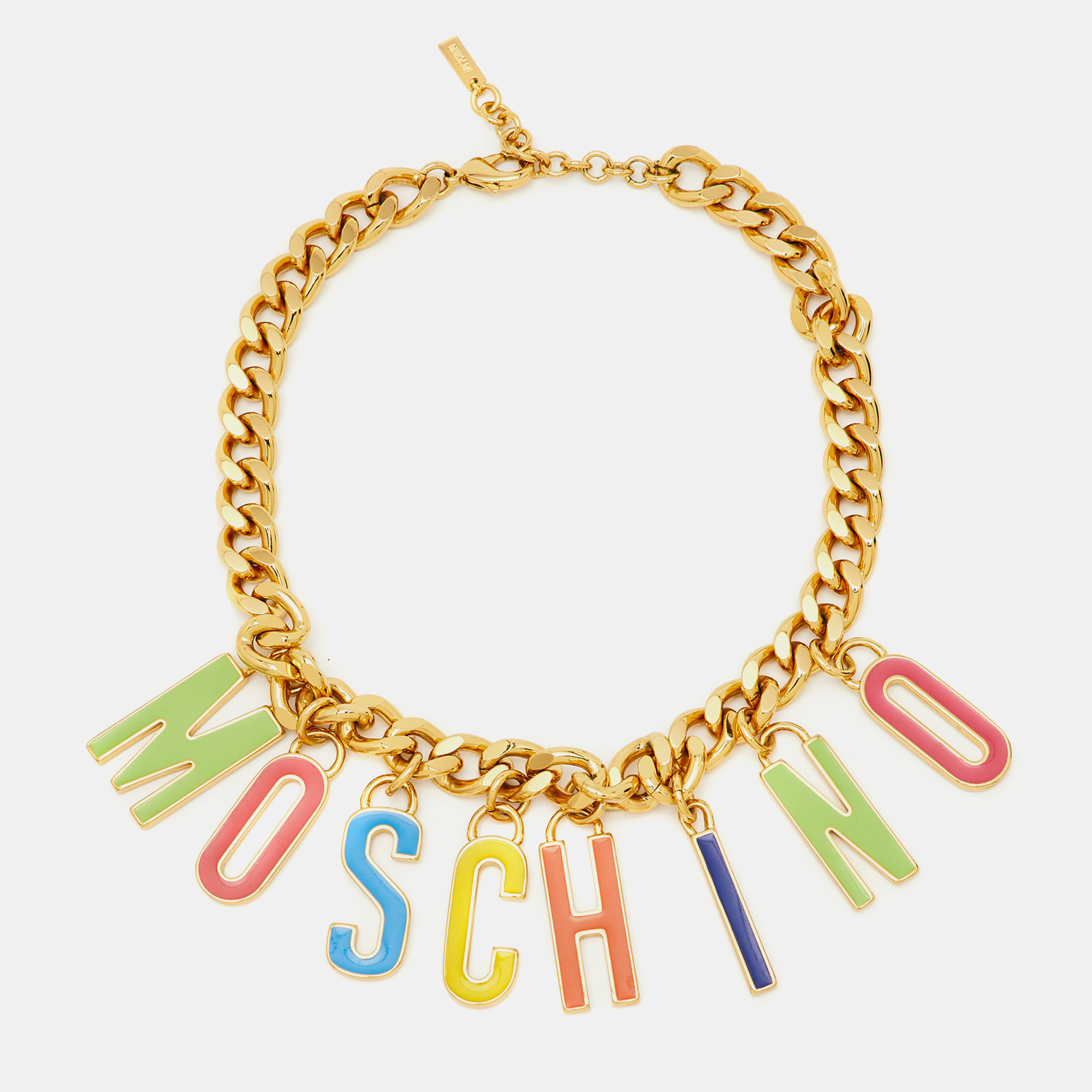 

Moschino Multicolor Enameled Logo Charms Curb Gold Tone Chain Necklace