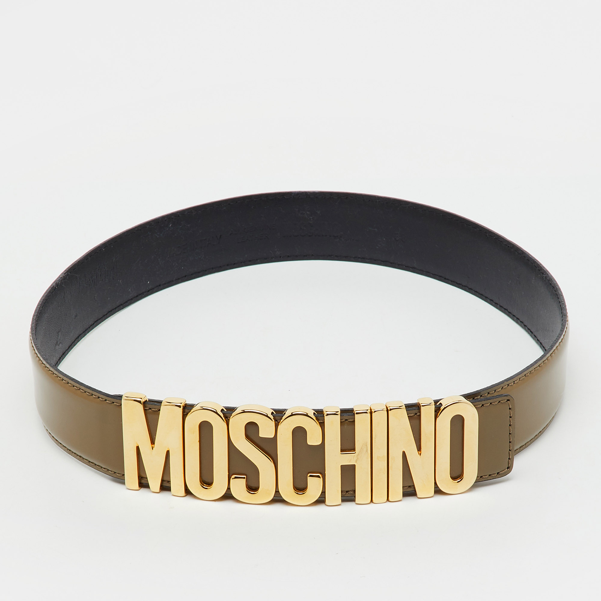 Pre-owned Moschino Khaki Brown Glossy Leather Classic Logo Belt 75cm