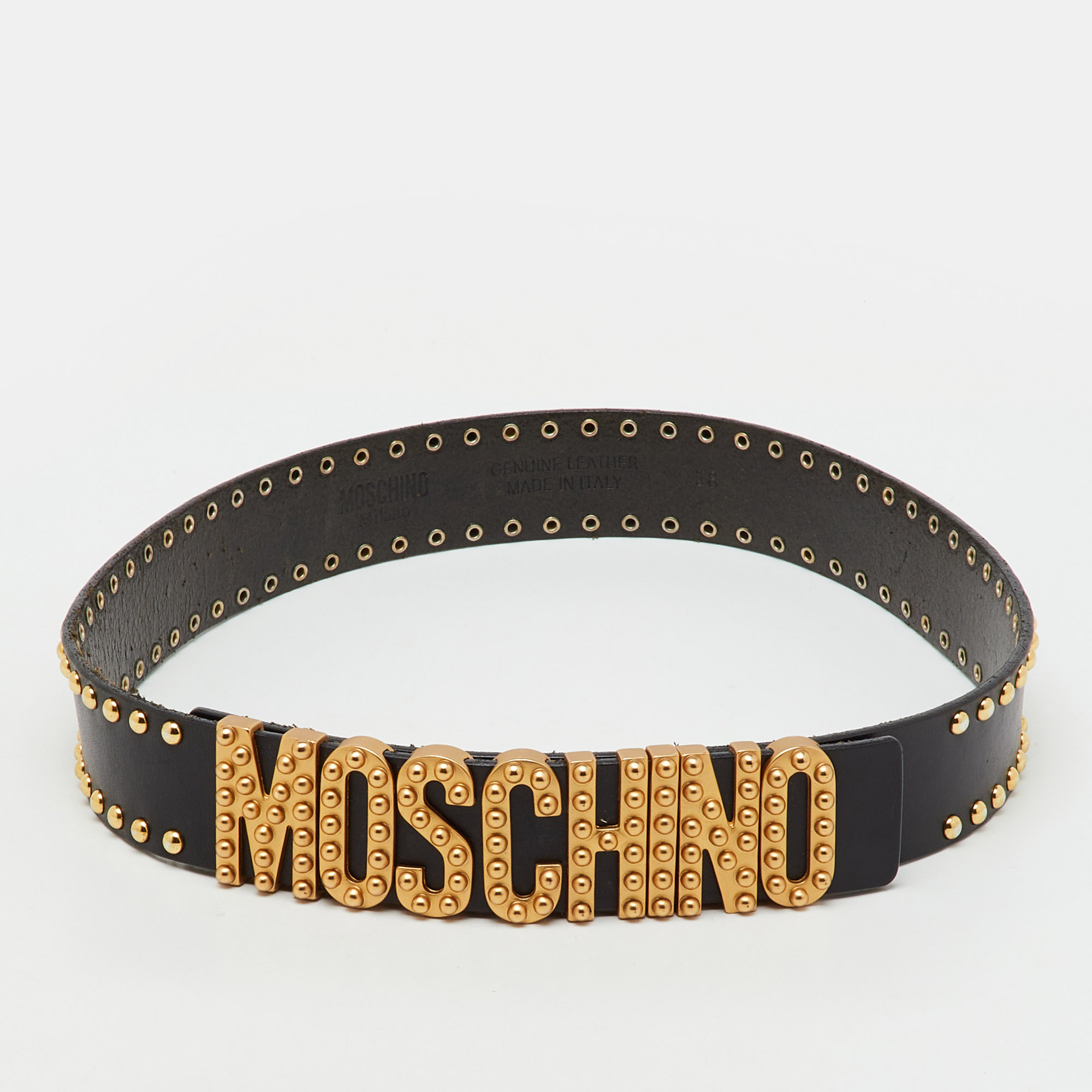 

Moschino Black Leather Studded Classic Logo Belt 75CM