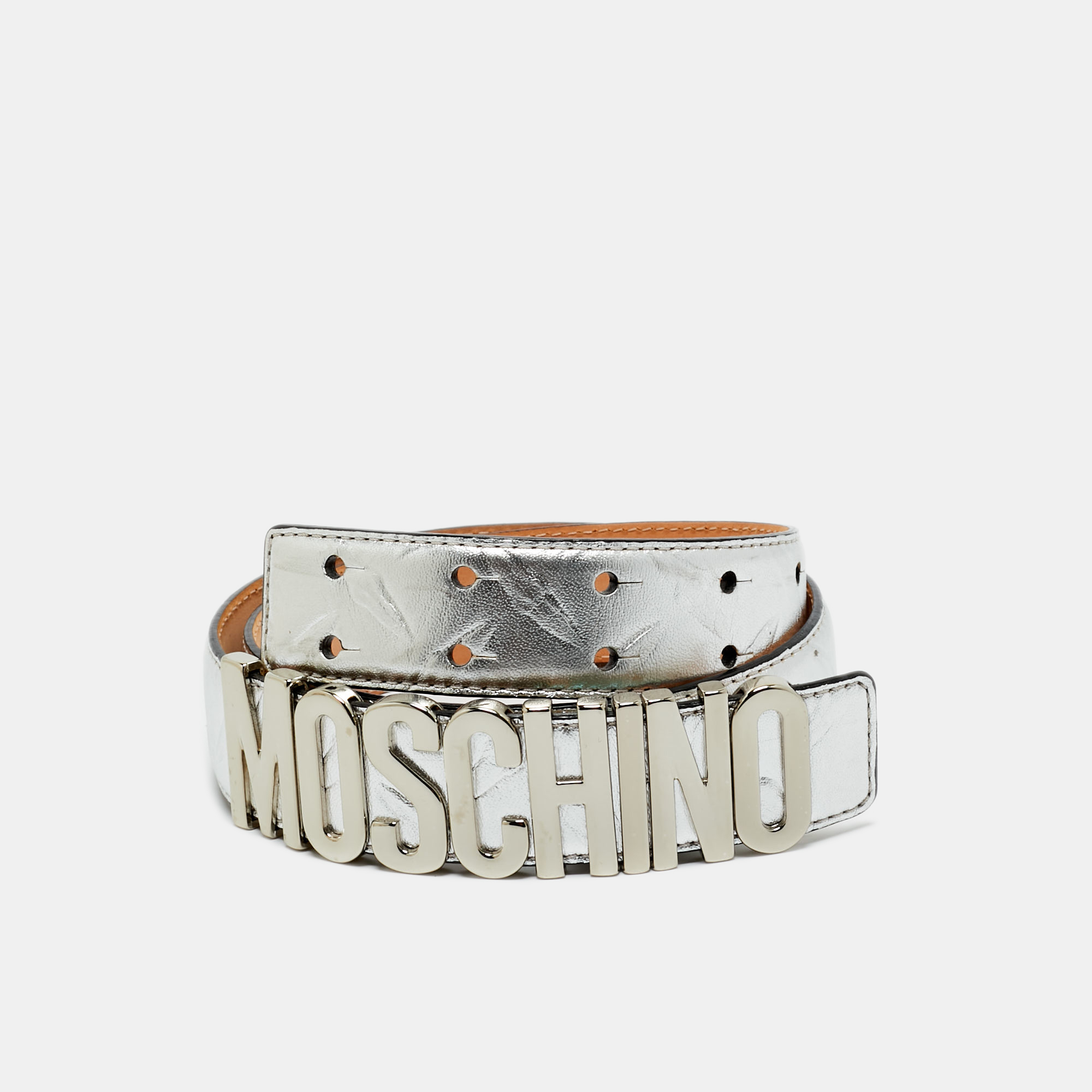 

Moschino Silver Embossed Leather Logo Classic Waist Belt