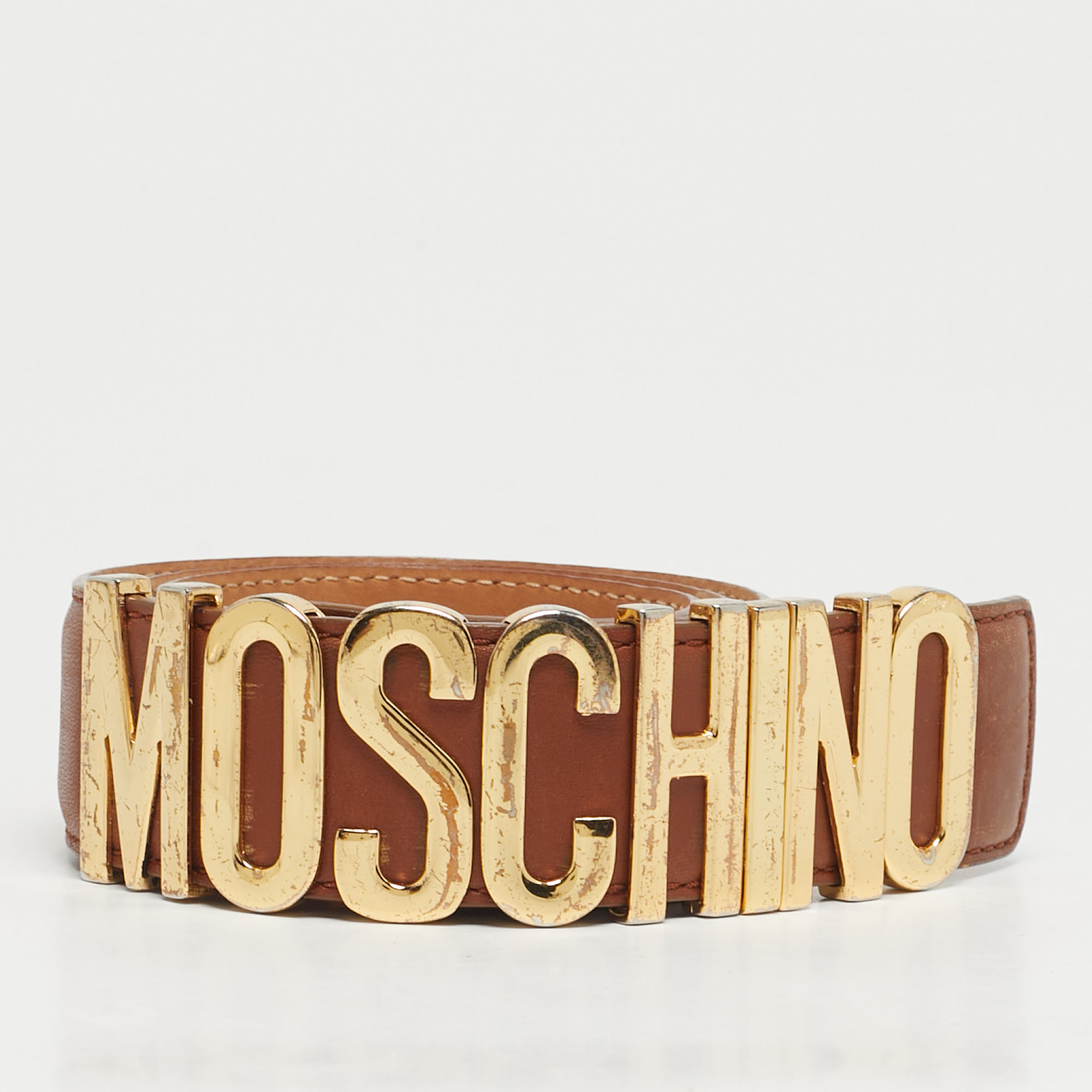 

Moschino Brown Leather Classic Logo Waist Buckle Belt