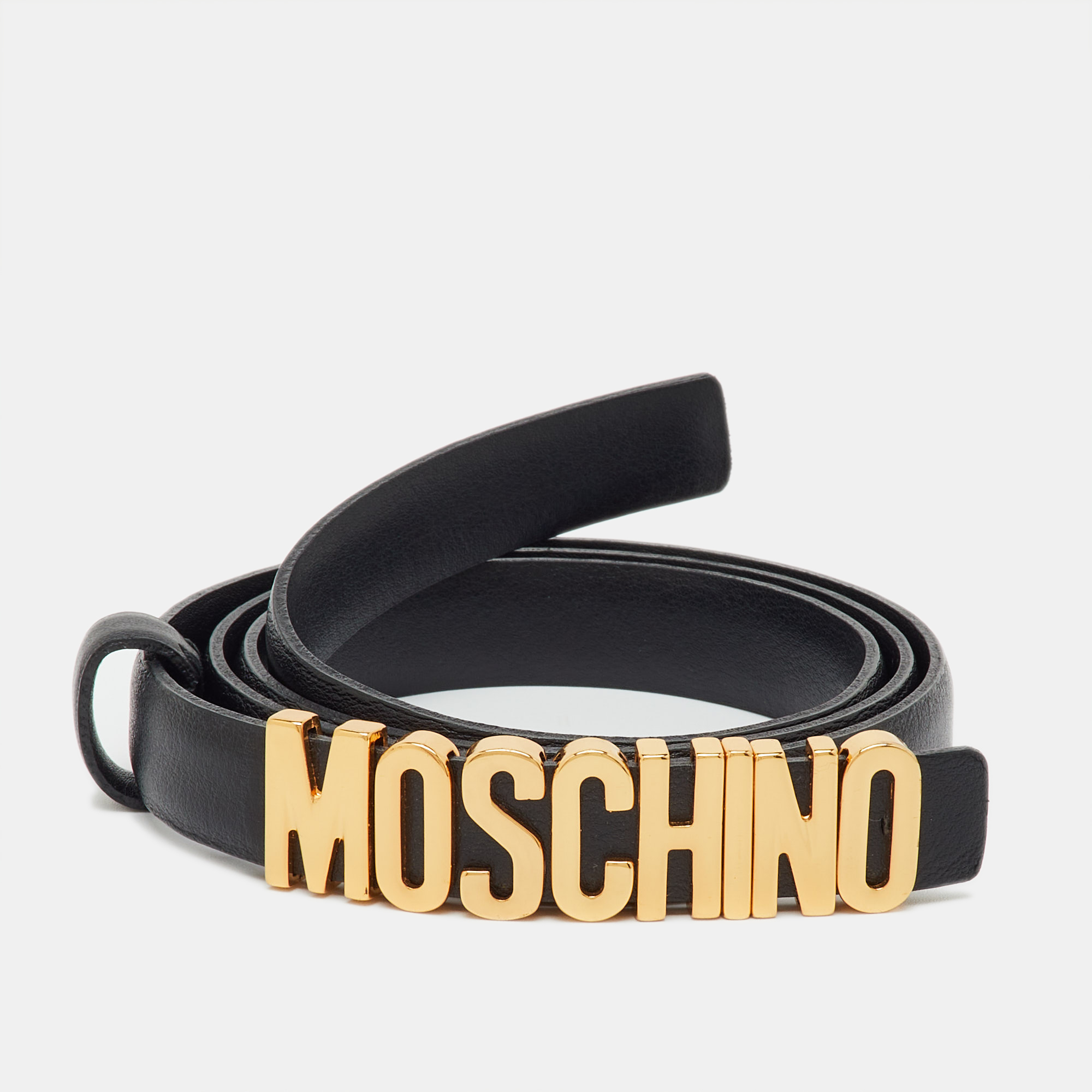 Pre-owned Moschino Black Leather Classic Logo Slim Waist Belt 85cm